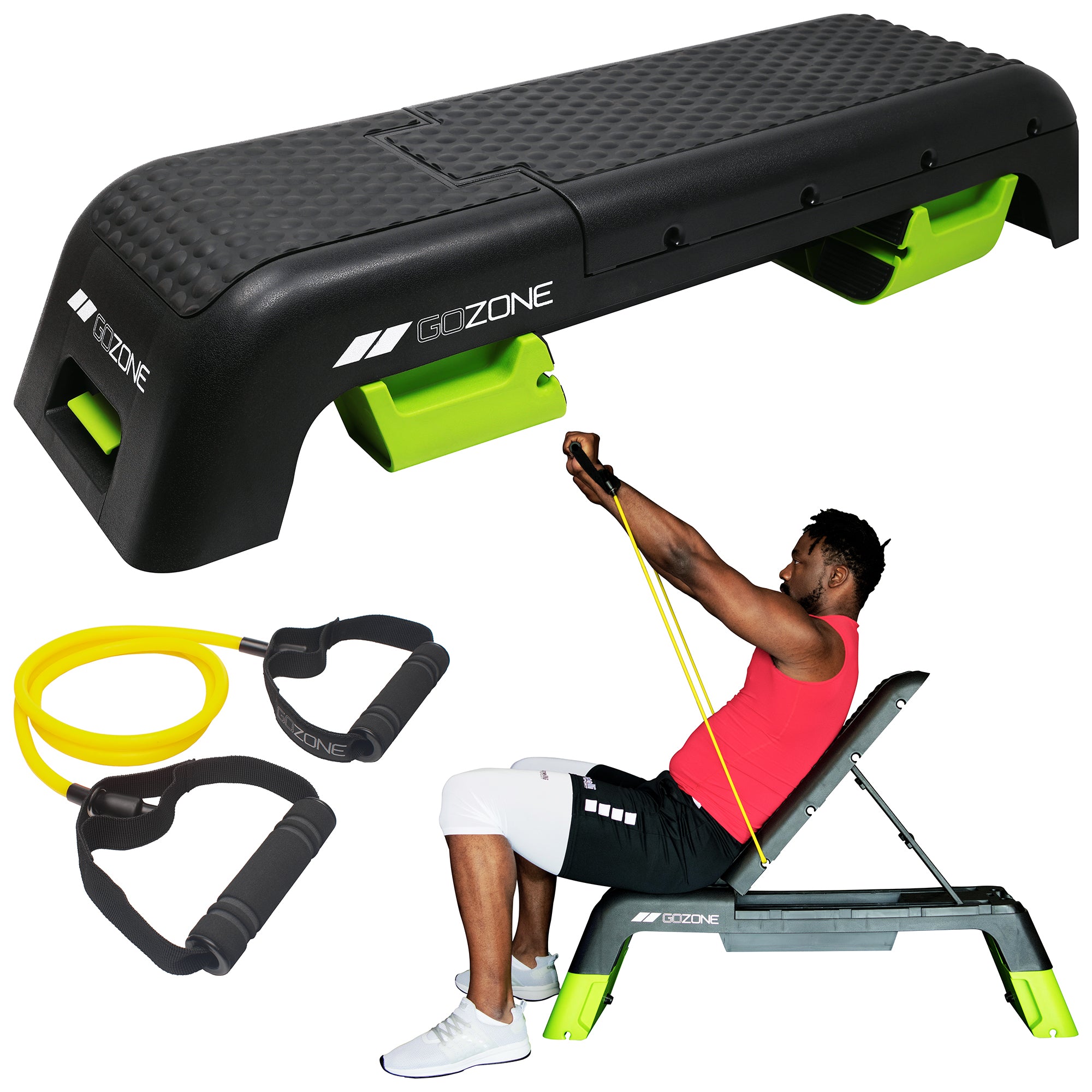 Bench Step Fast Multi-Use Adjustable Bench/Step Deck with Resistance Bands – Black/Gre ...